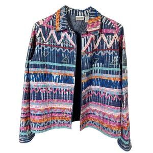 Vintage Chico’s Scrap Art Denim Jacket Multicolor Embroidery Medium (Size 1)